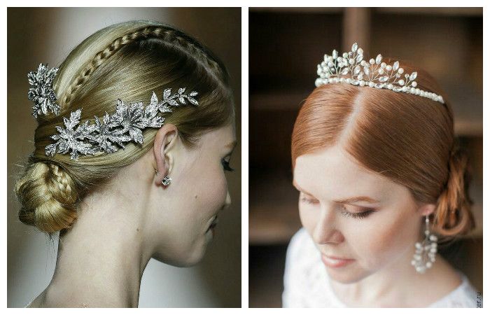 Фото свадебной прически с заколкой и короной на средние волосы