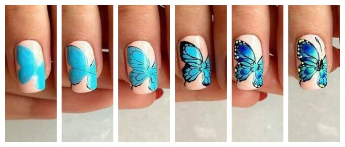 Пошаговое фото создания рисунка на ногтях в виде бабочки.