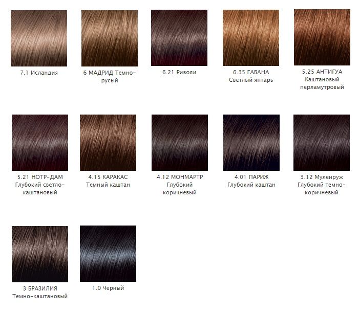 Палитра цветов краски для волос Loreal preference. Русые, каштановые серые и черные оттенки