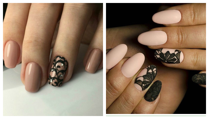Черно-бежевый кружевной дизайн ногтей 
