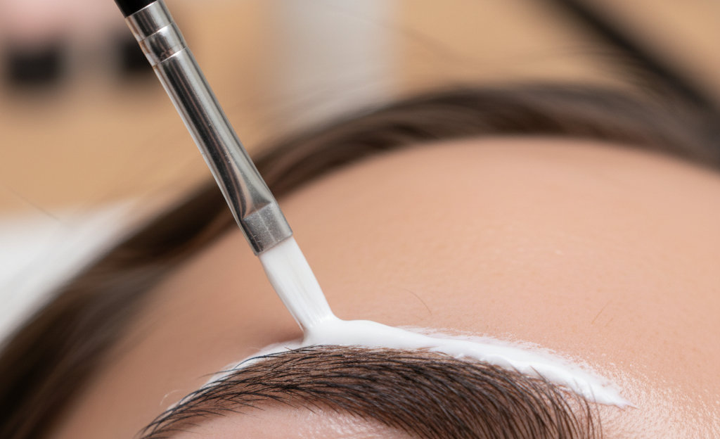 Нанесение защитного крема вокруг брови для защиты кожи перед окрашиванием.