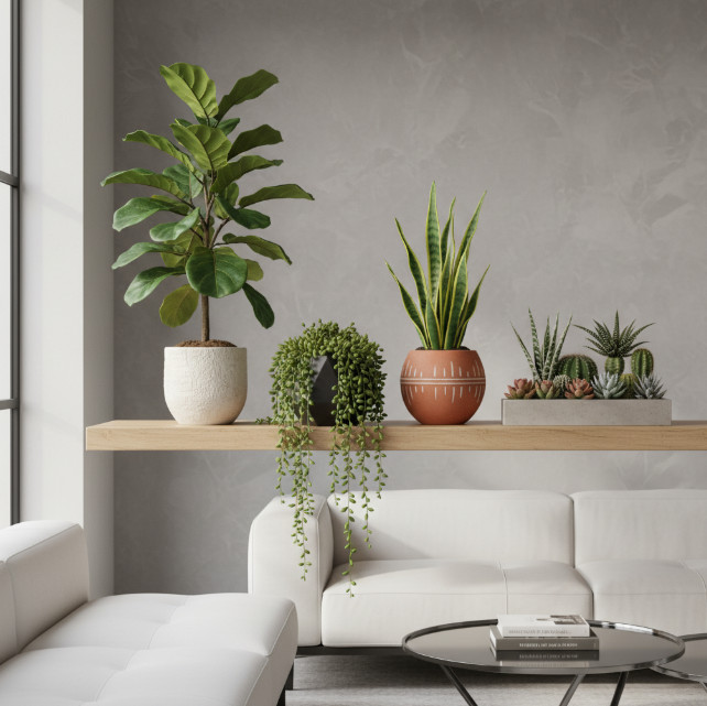 Различные реалистичные искусственные растения в стильных горшках, расположенные на полке в современном интерьере.