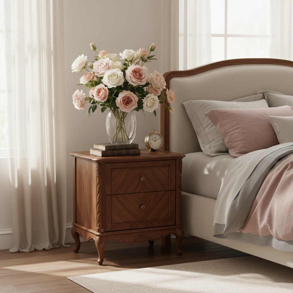 Изысканные искусственные розы в вазе на прикроватной тумбочке в элегантной спальне. Тонкий свет, мягкие оттенки.