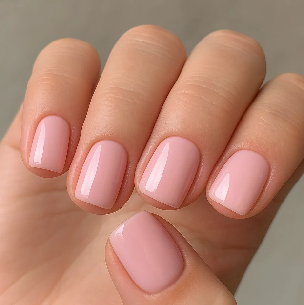 Нежно-розовый маникюр на короткий квадрат
