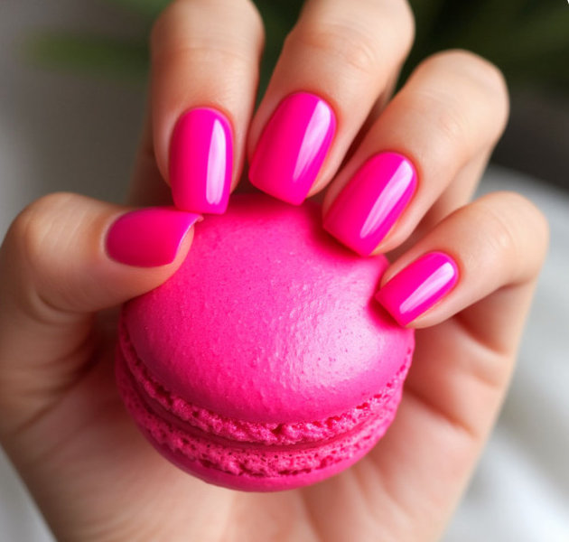 Ярко-розовый барби-маникюр на коротких ногтях