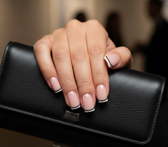 Черный френч на коротких квадратных ногтях