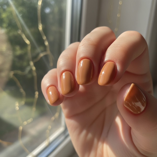 Карамельный нюд на коротких овальных ногтях