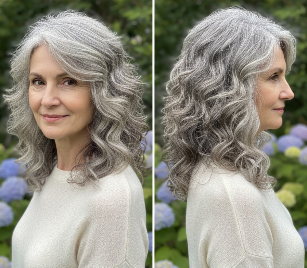 Каскад для пожилых женщин после 60 лет на волнистые волосы.