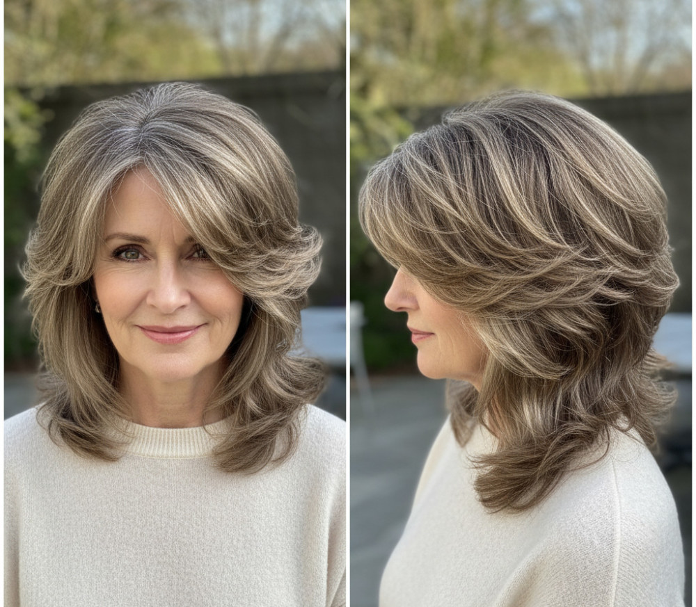 Стрижка каскад на средние волосы для женщин после 60 лет.