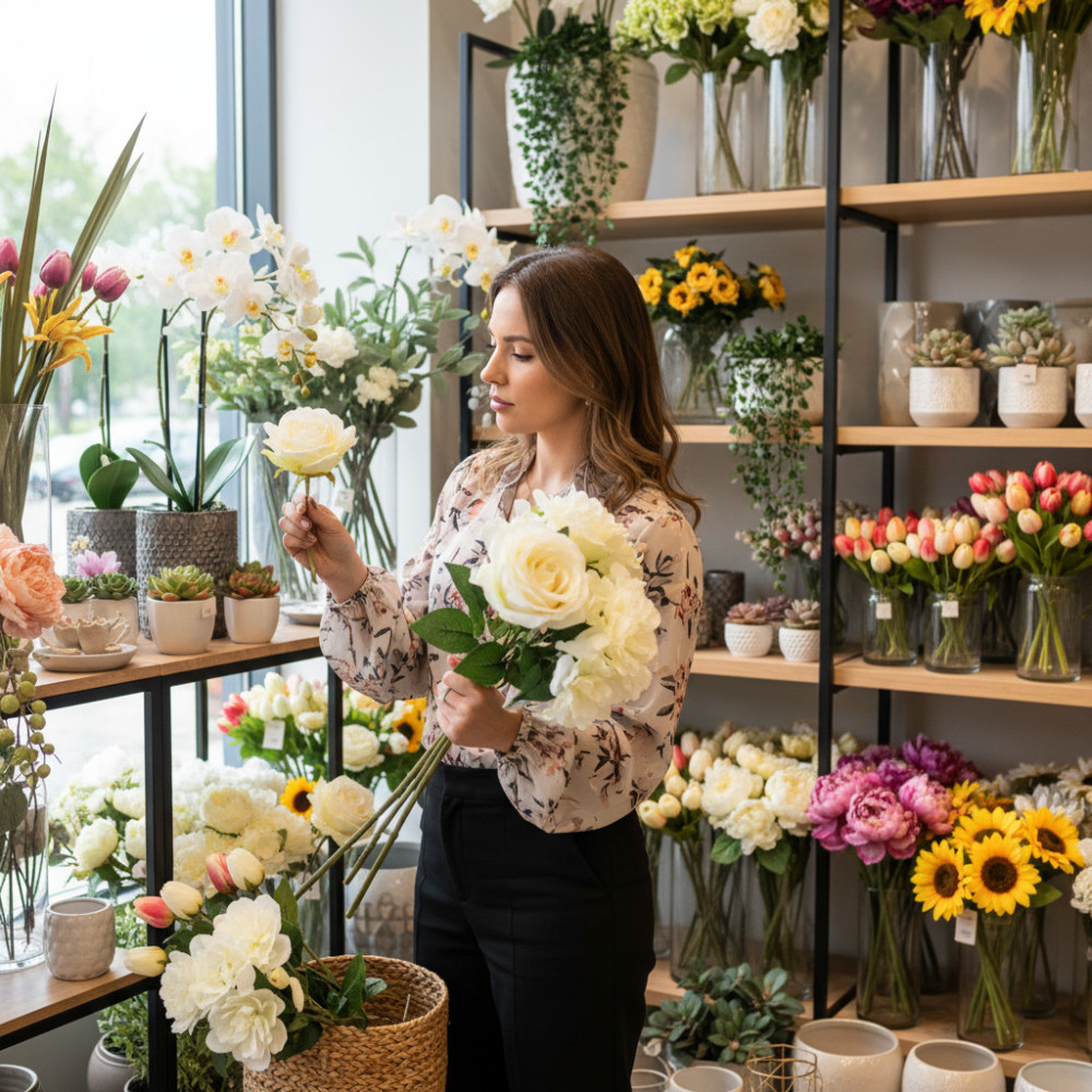 Женщина выбирает высококачественные искусственные цветы в магазине декора, внимательно рассматривая детали.