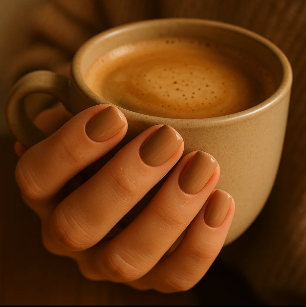 Кофейный маникюр на коротких квадратных ногтях