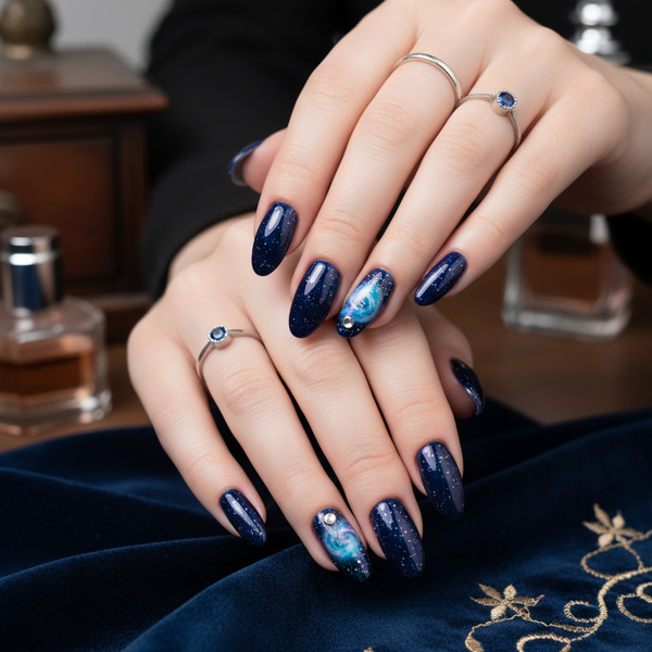 Темно-синий маникюр на коротких ногтях