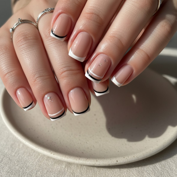 Двойной френч на коротких ногтях