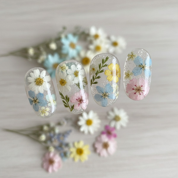 Дизайн с сухоцветами на коротких ногтях