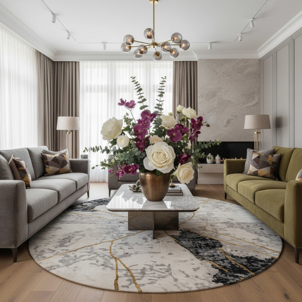 Изысканный интерьер современной гостиной с крупной, реалистичной композицией из искусственных цветов в центре. Общая атмосфера уюта и стиля.