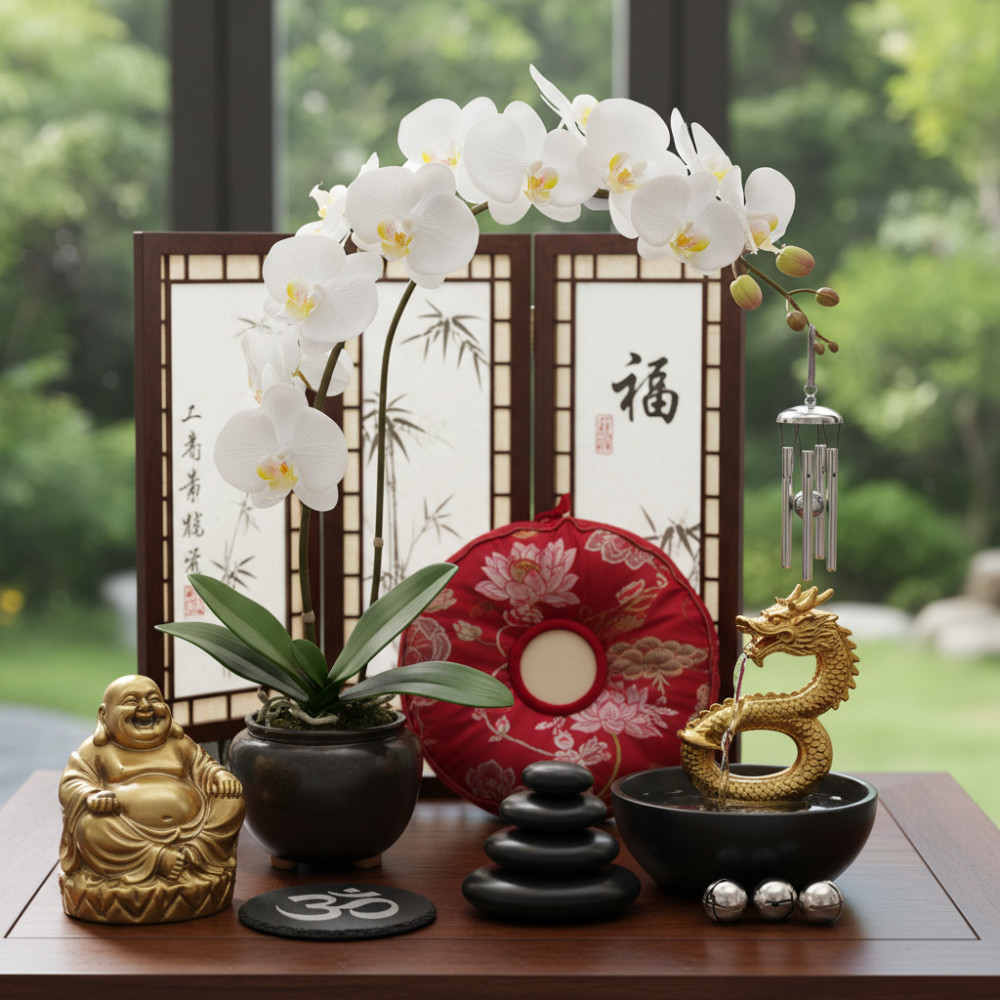Элегантные символы фэн-шуй и элементы восточного декора, окружающие реалистичную искусственную орхидею, демонстрируя гармонию.