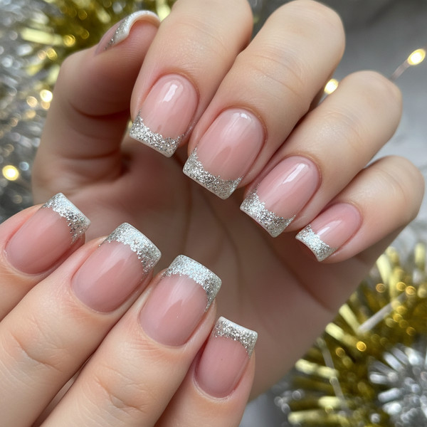 Френч с блестками на коротких ногтях