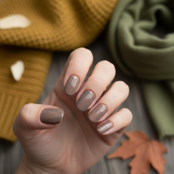 Бежево-серый маникюр на овальных ногтях