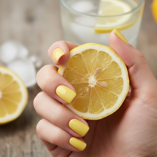 Лимонный маникюр на коротких квадратных ногтях
