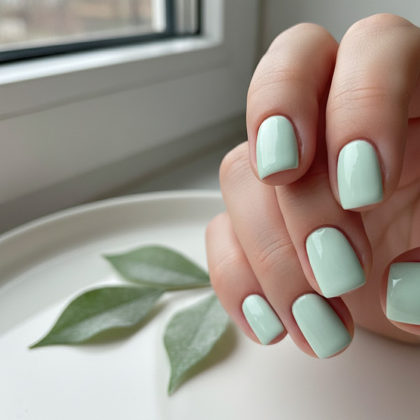 Очень светлый мятный маникюр на квадрате