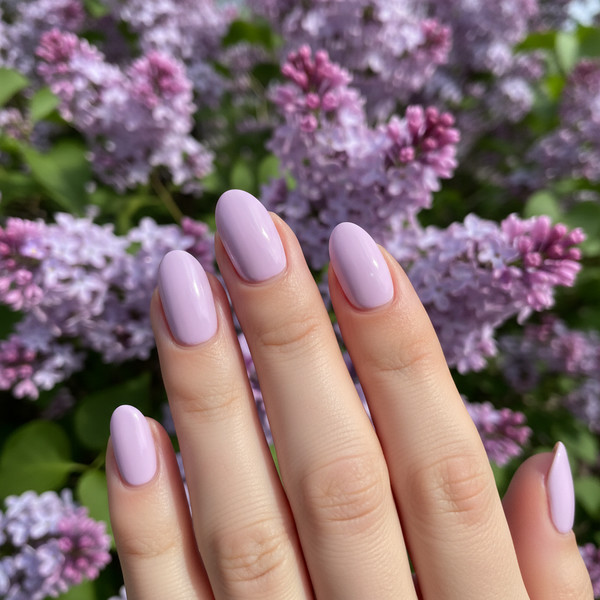 Сиреневый маникюр на коротких овальных ногтях