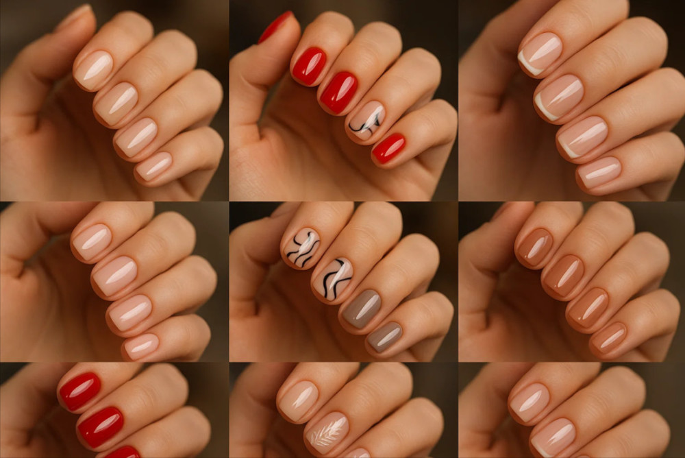Общий коллаж из разных видов маникюра на коротких ногтях