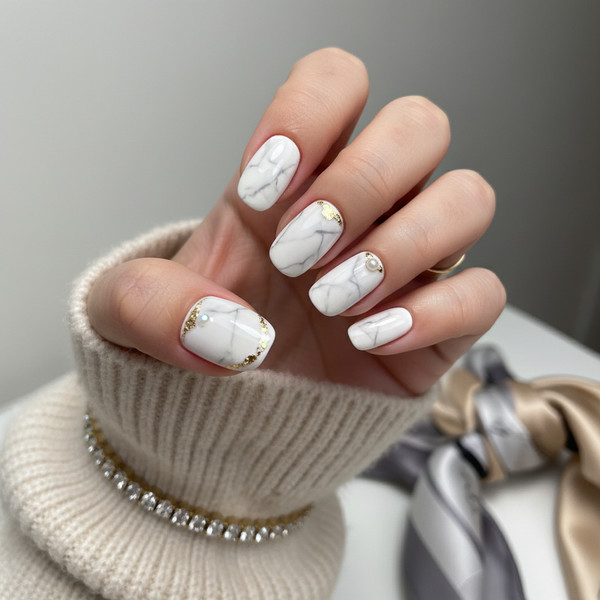 Мраморный дизайн на коротких ногтях