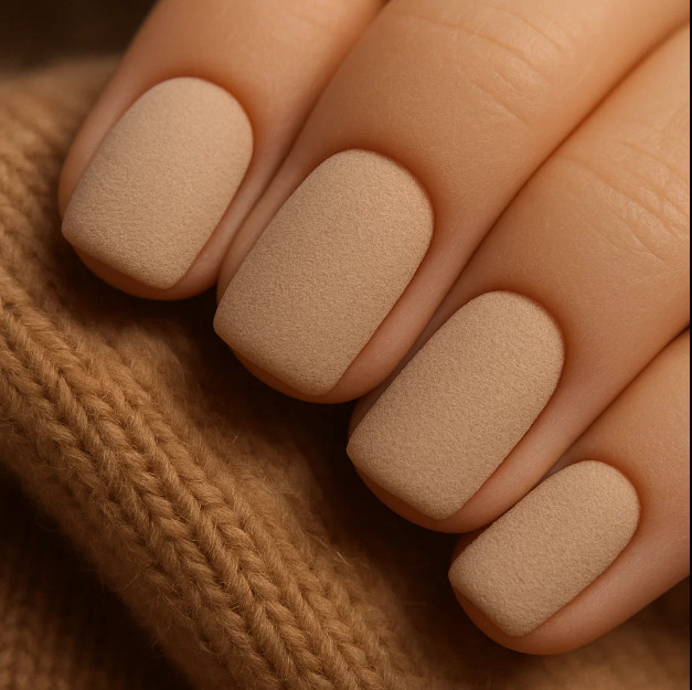 Матовый бежевый маникюр на квадратных ногтях