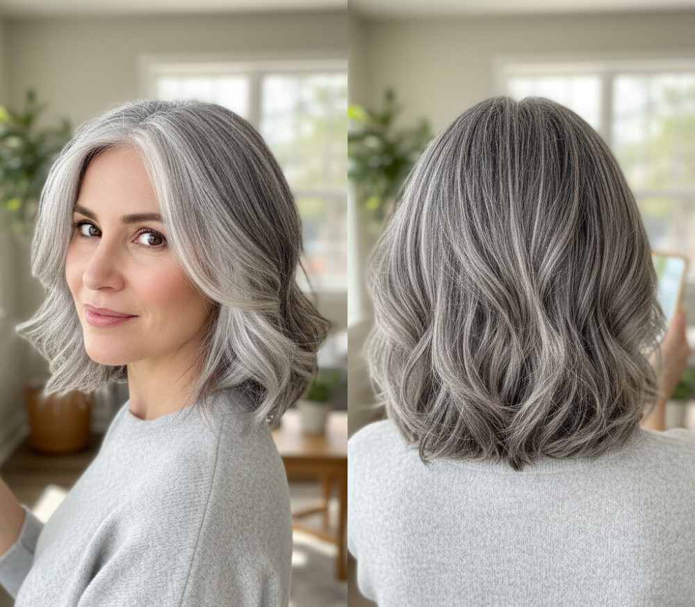 Стрижка на седые волосы средней длины для женщин 60+.