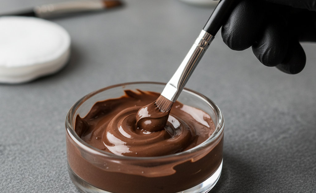 Процесс смешивания краски для бровей с оксидом до однородной консистенции.