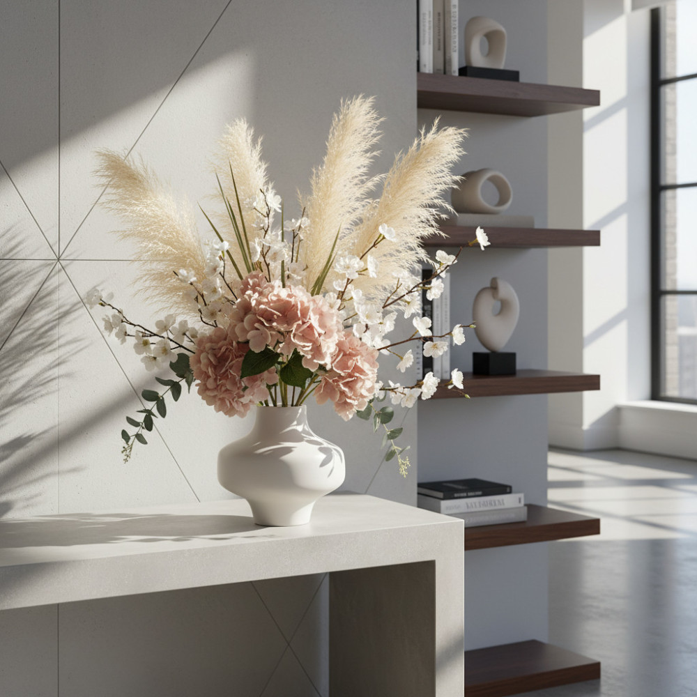 Стильная композиция из искусственных цветов в современном интерьере, демонстрирующая их эстетическую ценность и практичность.