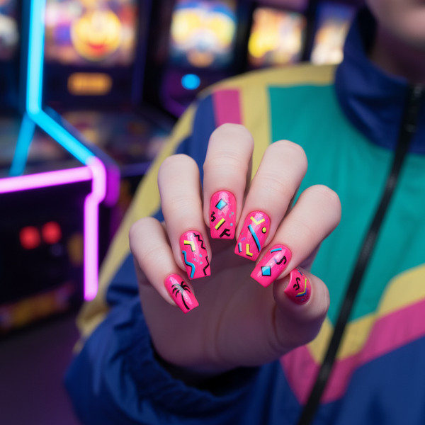 Розовый неон на коротких ногтях