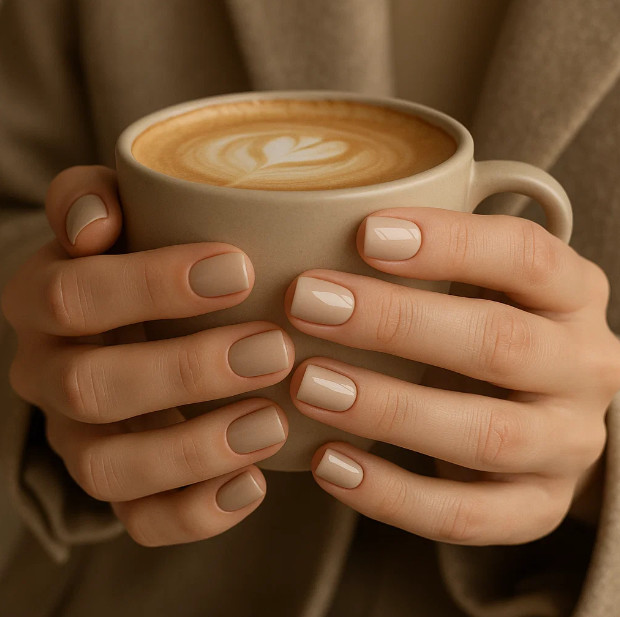 Бежевый нюдовый маникюр на коротких квадратных ногтях