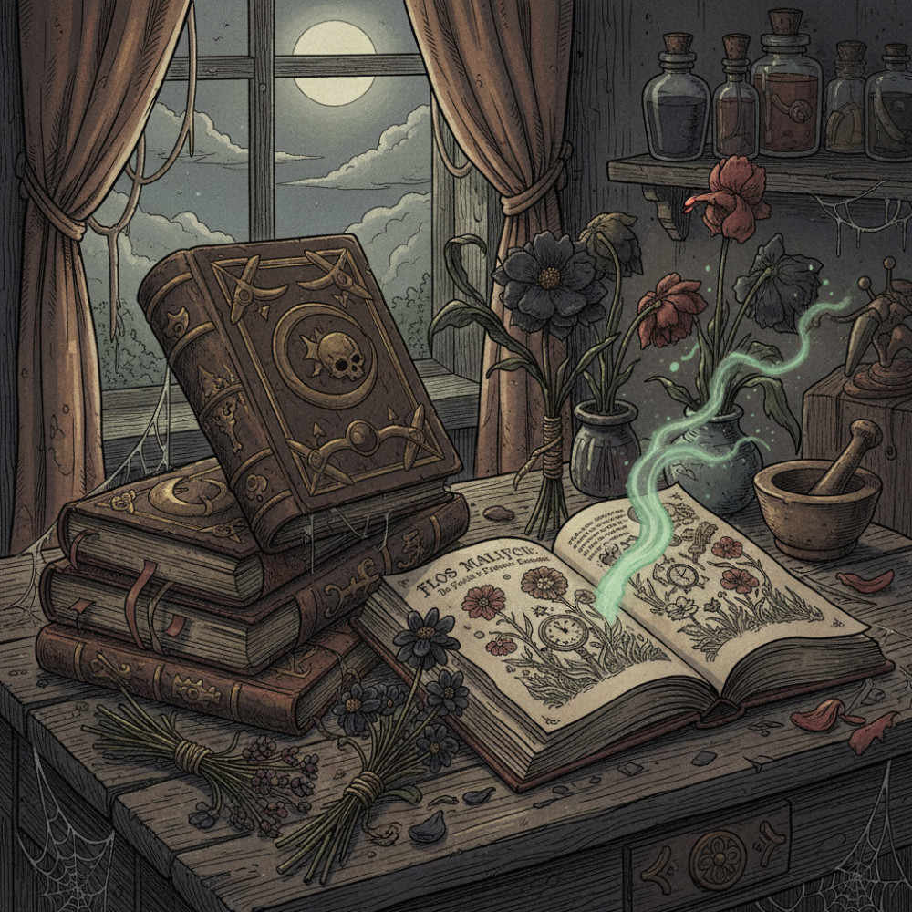 Темная, мистическая иллюстрация старинных книг и сухих трав, символизирующая древние поверья и суеверия об искусственных цветах.