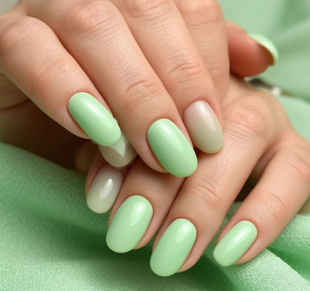 Пастельный салатовый маникюр на овале