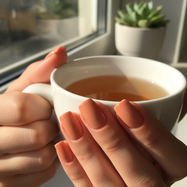 Персиковый нюд на коротких квадратных ногтях