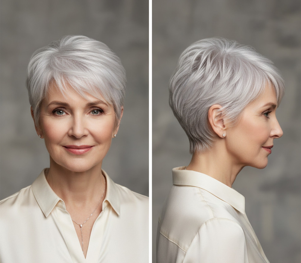 Омолаживающая стрижка пикси для женщин после 60 лет на седые волосы.
