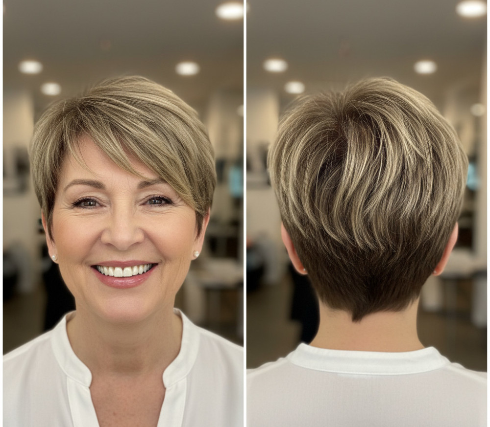 Фото стрижки пикси с челкой для женщины 60 лет.