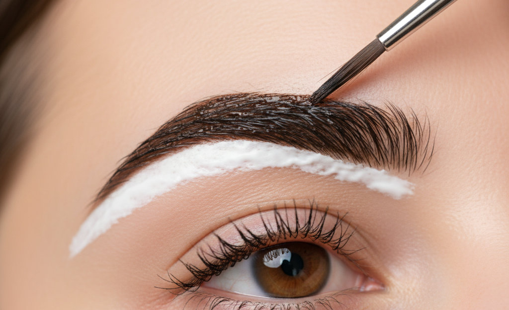 Аккуратное нанесение краски на бровь с помощью скошенной кисти.