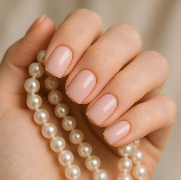 Пудровый маникюр на коротких квадратных ногтях