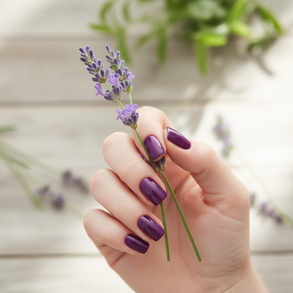 Фиолетовый маникюр на коротких квадратных ногтях