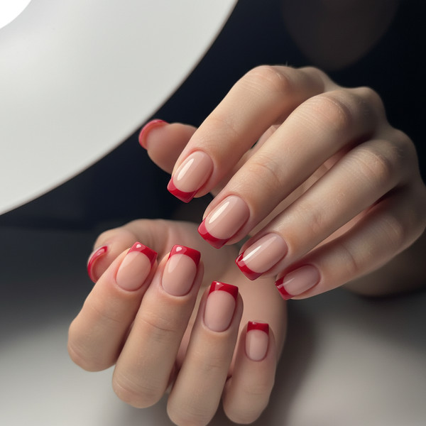 Красный френч на коротких ногтях