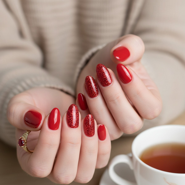Красный маникюр с блестками