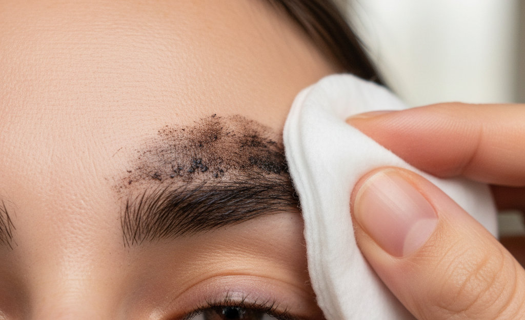 Снятие краски с бровей с помощью влажного ватного диска.