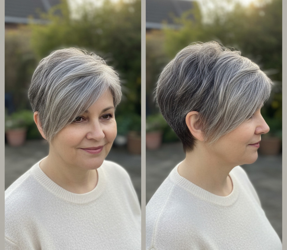Стрижка для женщины 60 лет на короткие волосы с круглым лицом.