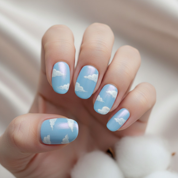 Голубой маникюр с белыми облаками