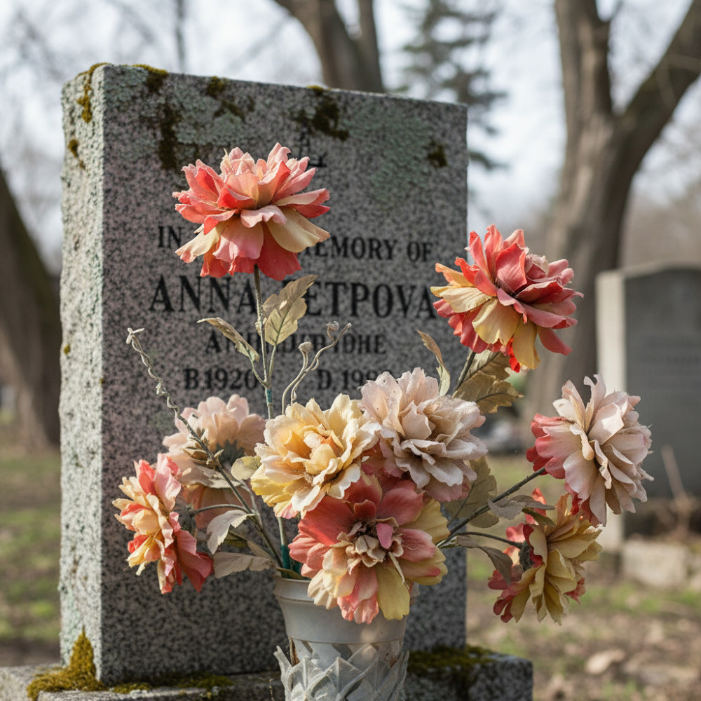 Старые, выцветшие искусственные цветы на фоне надгробного камня, символизирующие традиционные ассоциации с трауром.