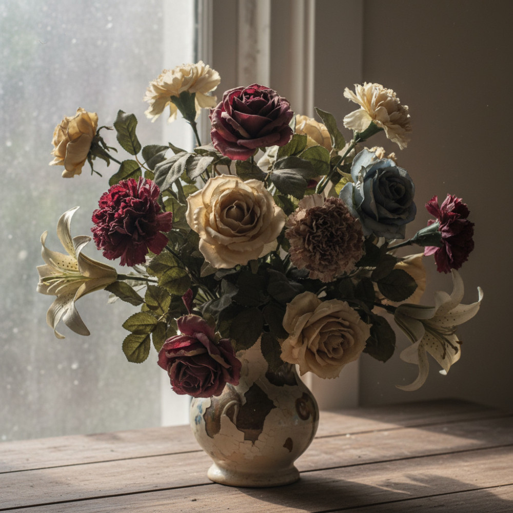 Старинный, немного потрепанный букет искусственных цветов в тусклом свете, вызывающий ассоциации с устаревшими представлениями о таких цветах.