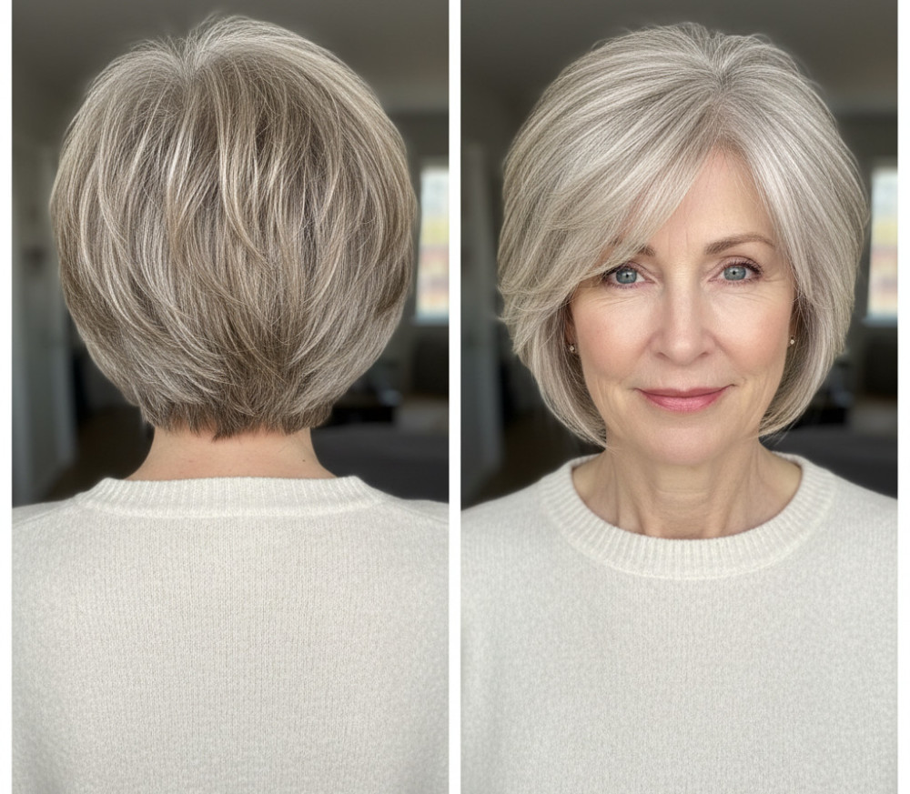 Стрижка боб с объемом на затылке для женщин 60 лет.