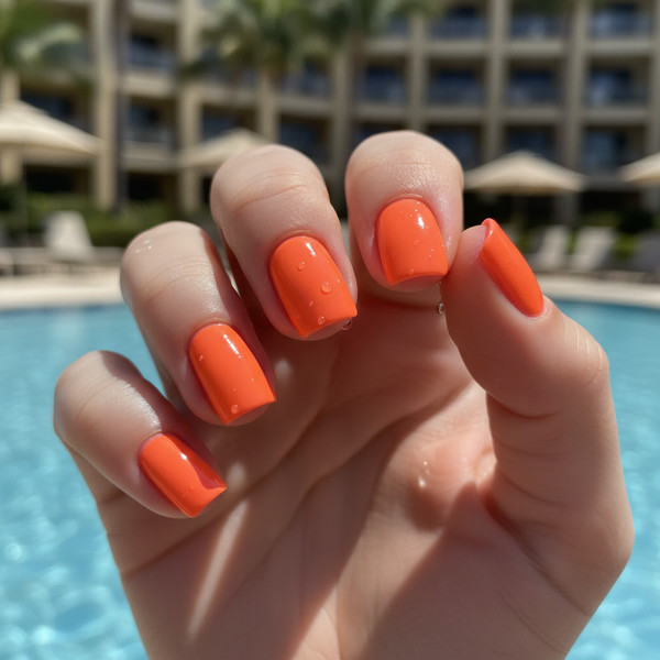 Яркий неоново-оранжевый маникюр на коротких квадратных ногтях
